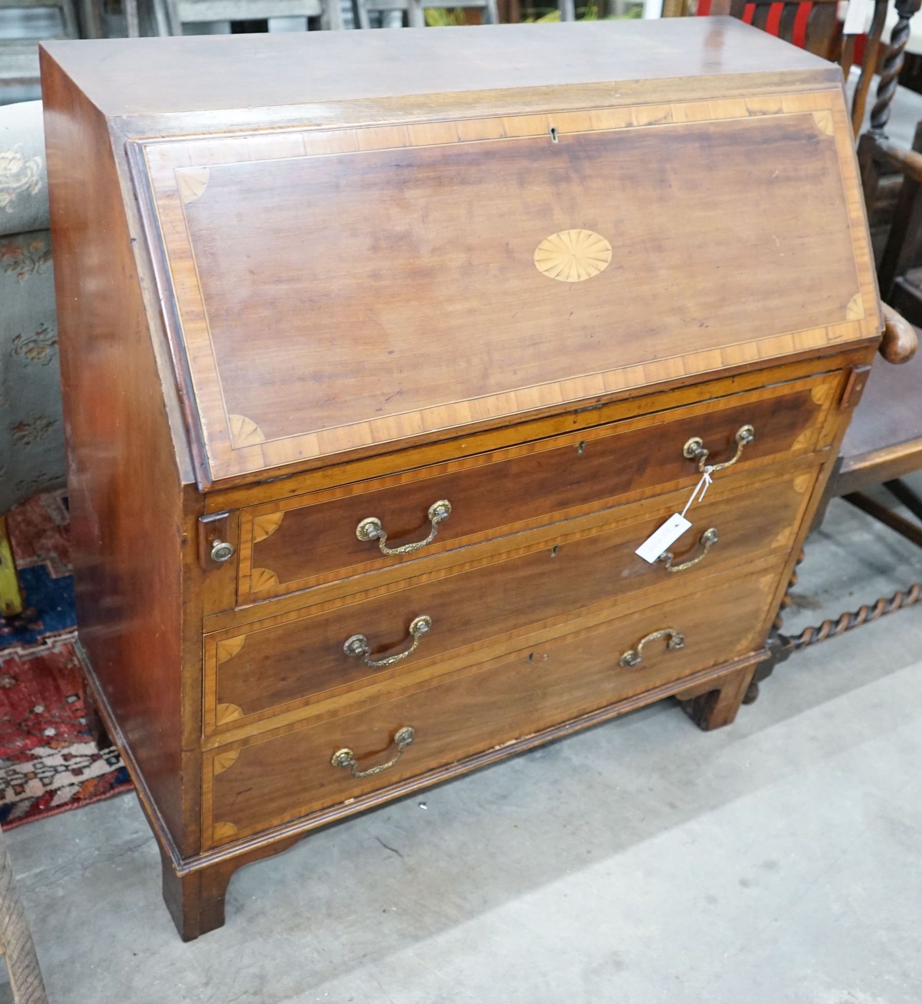 An Edwardian satinwood banded mahogany bureau, width 91cm, depth 41cm, height 99cm